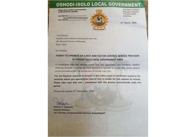 Oshodi Isolo LGA Pest control permit